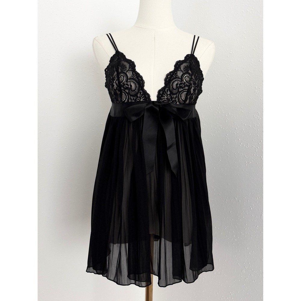 Victoria's Secret Black Lace Pleated Babydoll Lingerie Slip Dress Y2K Coquette S